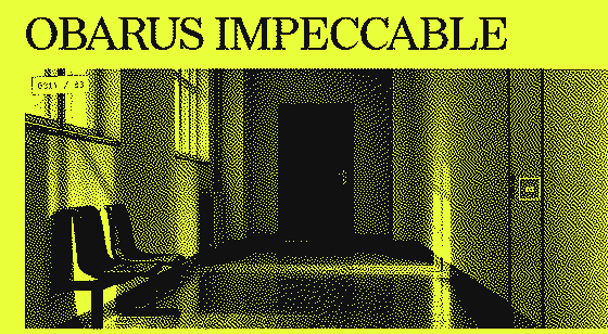 Obarus Impeccable, first print: a corridor with waiting-room chairs, printed in black on fluorescent yellow.